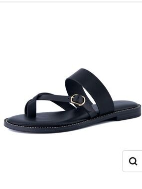 Women's Black Leather Toe-Loop Sandal with Gold Buckle